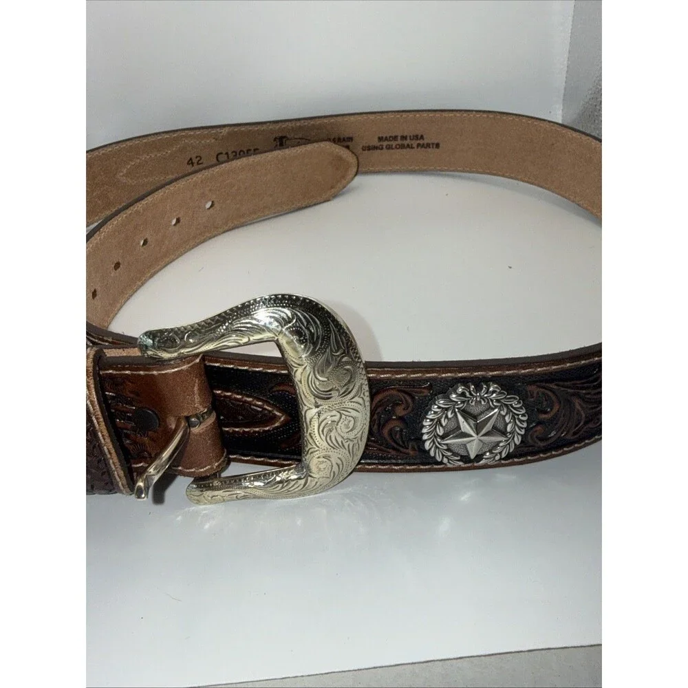 Justin Lone Star Western Leather Belt Mens Size 42 Brown C10098 Basketweave Exc